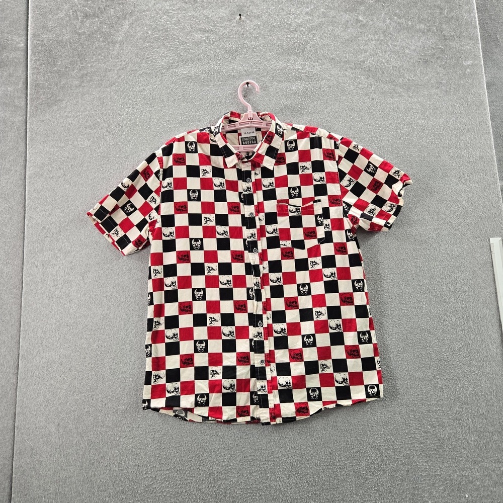 Cornerstore Bodega Men‎ Button Up Shirt XL Red Check Skulls Short Sleeve